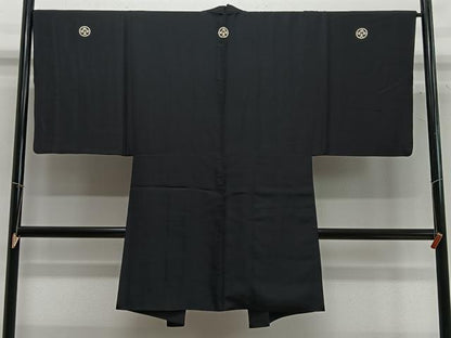 平和屋着物∞男性　長羽織　黒紋付　羽裏：動物文　正絹　逸品　CABC3176ua