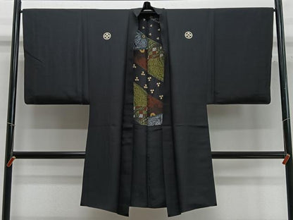平和屋着物∞男性　長羽織　黒紋付　羽裏：動物文　正絹　逸品　CABC3176ua