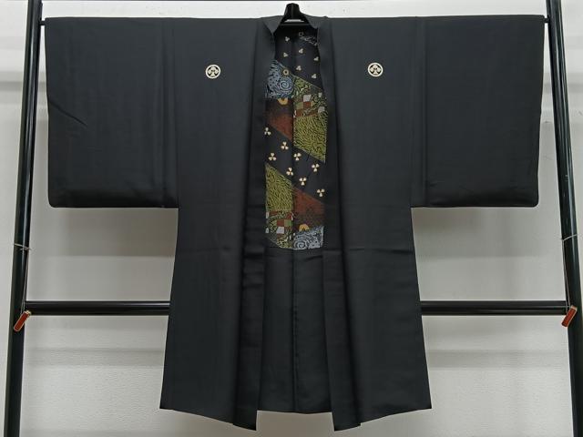 平和屋着物∞男性　長羽織　黒紋付　羽裏：動物文　正絹　逸品　CABC3176ua