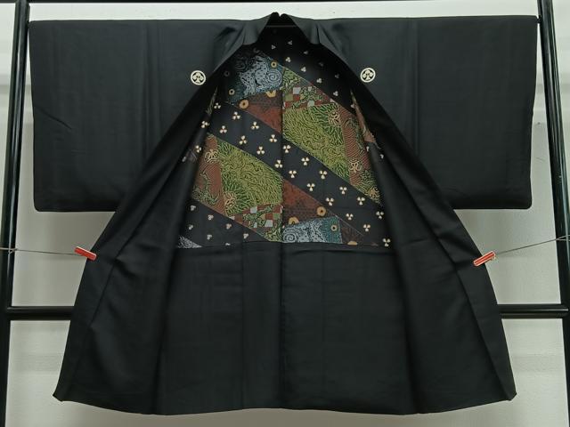 平和屋着物∞男性　長羽織　黒紋付　羽裏：動物文　正絹　逸品　CABC3176ua