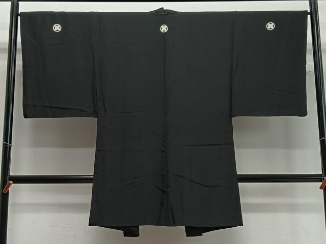 平和屋着物∞男性　長羽織　黒紋付　羽裏：陶器文　正絹　逸品　CABC3177ua