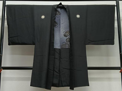 平和屋着物∞男性　長羽織　黒紋付　羽裏：陶器文　正絹　逸品　CABC3177ua
