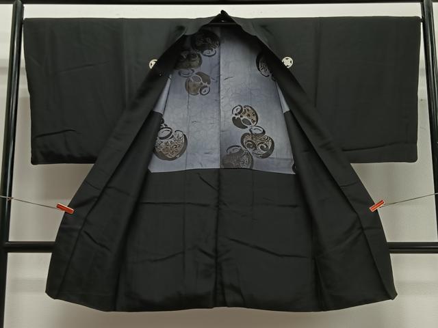 平和屋着物∞男性　長羽織　黒紋付　羽裏：陶器文　正絹　逸品　CABC3177ua