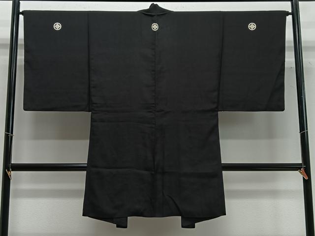 平和屋着物∞男性　長羽織　紬地　黒紋付　正絹　逸品　CABC3178ua