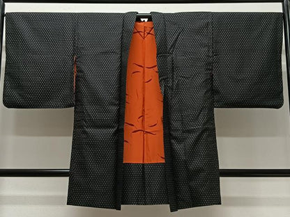 平和屋着物∞長羽織　印伝　幾何学文　黒地　正絹　逸品　CABC3199ua