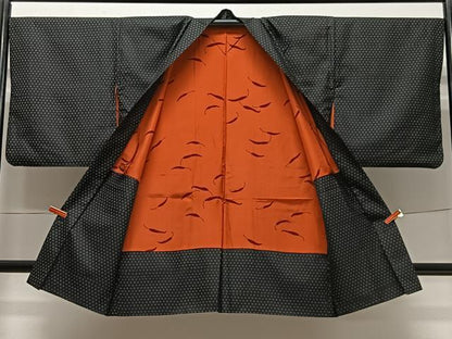 平和屋着物∞長羽織　印伝　幾何学文　黒地　正絹　逸品　CABC3199ua