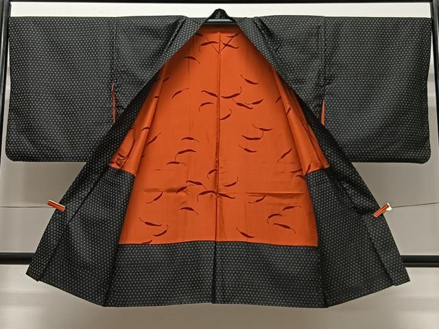 平和屋着物∞長羽織　印伝　幾何学文　黒地　正絹　逸品　CABC3199ua