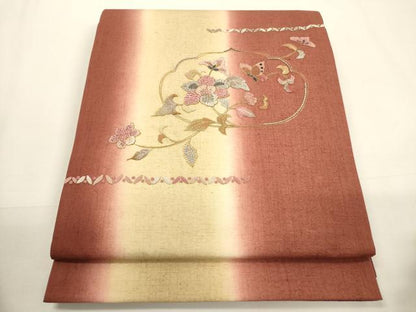 平和屋着物●中国三大刺繍 相良刺繍 太鼓柄袋帯 紬地 駒刺繍 玉虫 花蝶文 金糸 正絹 逸品 未使用 CABC3264ak
