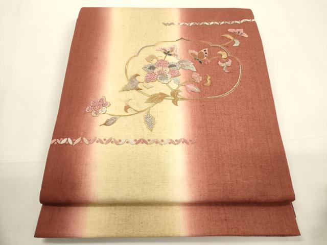 平和屋着物●中国三大刺繍 相良刺繍 太鼓柄袋帯 紬地 駒刺繍 玉虫 花蝶文 金糸 正絹 逸品 未使用 CABC3264ak