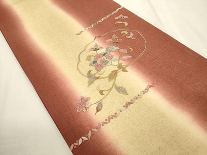 平和屋着物●中国三大刺繍 相良刺繍 太鼓柄袋帯 紬地 駒刺繍 玉虫 花蝶文 金糸 正絹 逸品 未使用 CABC3264ak