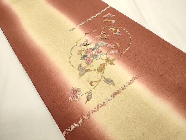 平和屋着物●中国三大刺繍 相良刺繍 太鼓柄袋帯 紬地 駒刺繍 玉虫 花蝶文 金糸 正絹 逸品 未使用 CABC3264ak