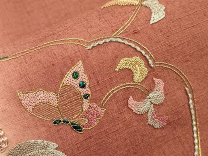 平和屋着物●中国三大刺繍 相良刺繍 太鼓柄袋帯 紬地 駒刺繍 玉虫 花蝶文 金糸 正絹 逸品 未使用 CABC3264ak