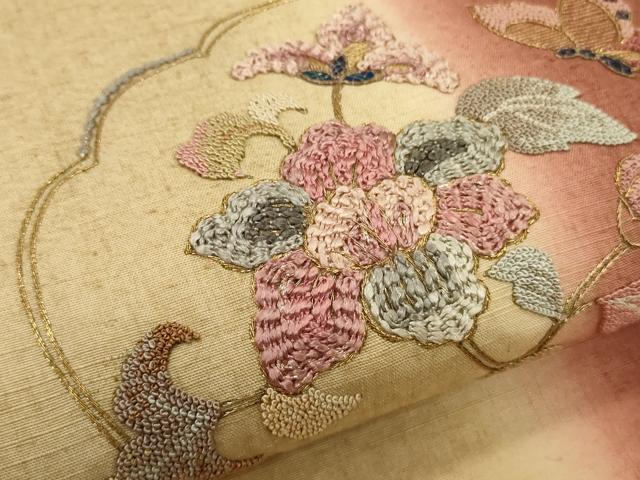 平和屋着物●中国三大刺繍 相良刺繍 太鼓柄袋帯 紬地 駒刺繍 玉虫 花蝶文 金糸 正絹 逸品 未使用 CABC3264ak