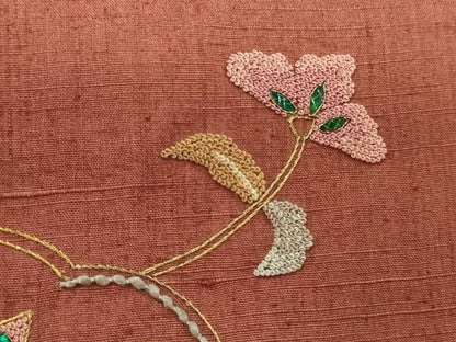 平和屋着物●中国三大刺繍 相良刺繍 太鼓柄袋帯 紬地 駒刺繍 玉虫 花蝶文 金糸 正絹 逸品 未使用 CABC3264ak