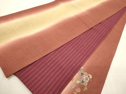 平和屋着物●中国三大刺繍 相良刺繍 太鼓柄袋帯 紬地 駒刺繍 玉虫 花蝶文 金糸 正絹 逸品 未使用 CABC3264ak
