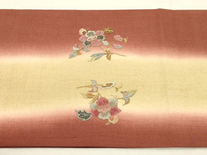 平和屋着物●中国三大刺繍 相良刺繍 太鼓柄袋帯 紬地 駒刺繍 玉虫 花蝶文 金糸 正絹 逸品 未使用 CABC3264ak