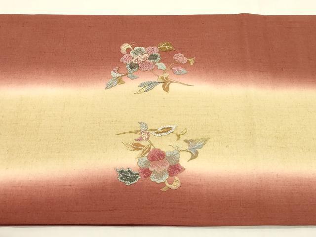 平和屋着物●中国三大刺繍 相良刺繍 太鼓柄袋帯 紬地 駒刺繍 玉虫 花蝶文 金糸 正絹 逸品 未使用 CABC3264ak