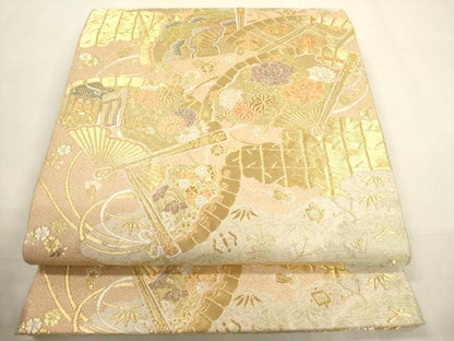 平和屋着物▼六通柄袋帯　唐織　夕錦　扇面吉祥花文　金糸　正絹　逸品　CABC3301ak