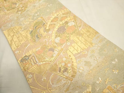 平和屋着物▼六通柄袋帯　唐織　夕錦　扇面吉祥花文　金糸　正絹　逸品　CABC3301ak
