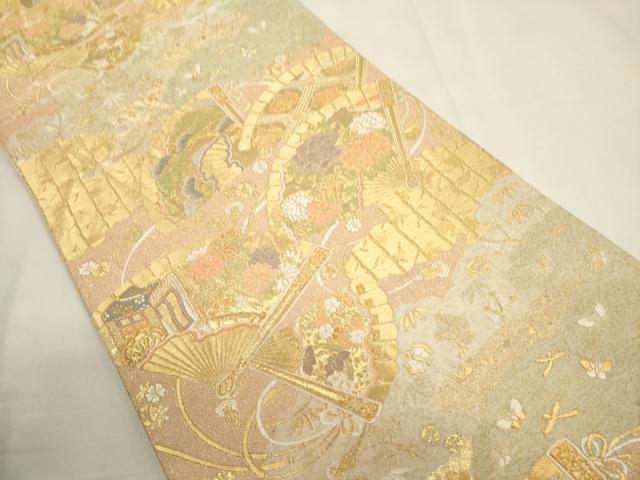 平和屋着物▼六通柄袋帯　唐織　夕錦　扇面吉祥花文　金糸　正絹　逸品　CABC3301ak