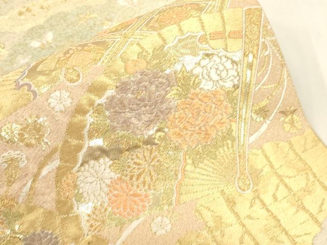 平和屋着物▼六通柄袋帯　唐織　夕錦　扇面吉祥花文　金糸　正絹　逸品　CABC3301ak