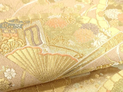 平和屋着物▼六通柄袋帯　唐織　夕錦　扇面吉祥花文　金糸　正絹　逸品　CABC3301ak