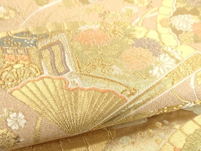平和屋着物▼六通柄袋帯　唐織　夕錦　扇面吉祥花文　金糸　正絹　逸品　CABC3301ak