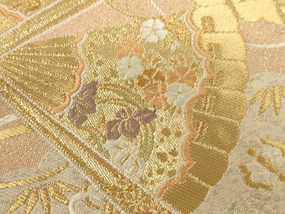 平和屋着物▼六通柄袋帯　唐織　夕錦　扇面吉祥花文　金糸　正絹　逸品　CABC3301ak