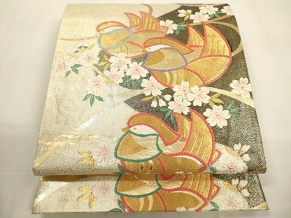 平和屋着物▼六通柄袋帯　唐織　鴛鴦花文　金糸　正絹　逸品　CABC3305ak