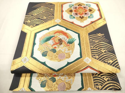平和屋着物▼六通柄袋帯 唐織 亀甲鳳凰花文 金銀糸 正絹 逸品 CABC3355ak