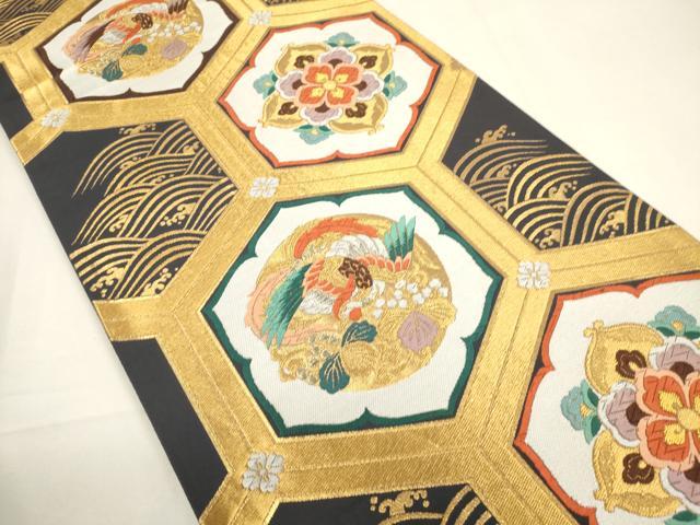 平和屋着物▼六通柄袋帯 唐織 亀甲鳳凰花文 金銀糸 正絹 逸品 CABC3355ak