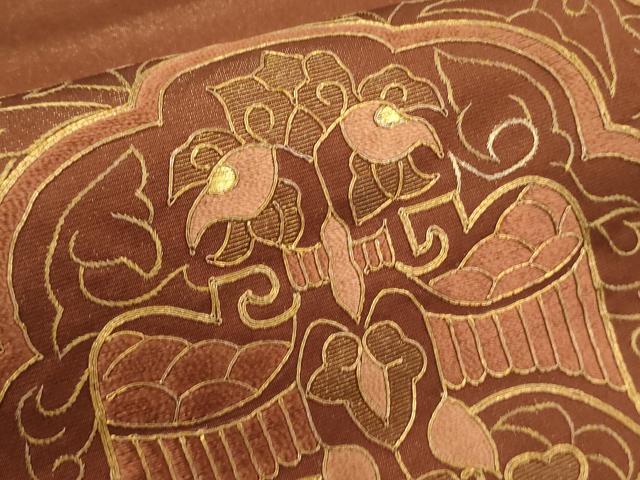 平和屋着物▼太鼓柄袋帯　総刺繍　駒刺繍　吉祥花鳥文　金通し地　正絹　逸品　CABC3423ak