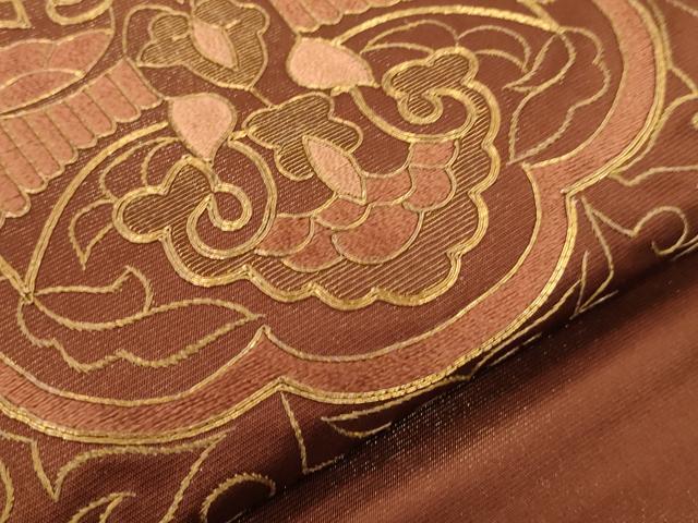 平和屋着物▼太鼓柄袋帯　総刺繍　駒刺繍　吉祥花鳥文　金通し地　正絹　逸品　CABC3423ak