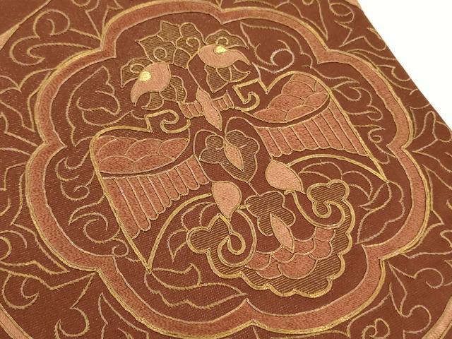 平和屋着物▼太鼓柄袋帯　総刺繍　駒刺繍　吉祥花鳥文　金通し地　正絹　逸品　CABC3423ak