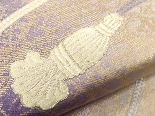 平和屋着物▼太鼓柄袋帯　総刺繍　駒刺繍　束ね紐文　銀糸　正絹　逸品　CABC3443ak