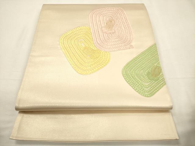 平和屋着物▼中国三大刺繍　相良刺繍　太鼓柄袋帯　総刺繍　紐文　金糸　正絹　逸品　CABC3446ak