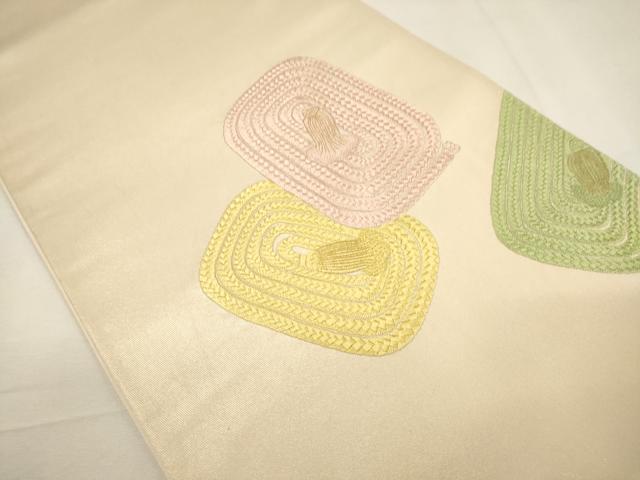 平和屋着物▼中国三大刺繍　相良刺繍　太鼓柄袋帯　総刺繍　紐文　金糸　正絹　逸品　CABC3446ak