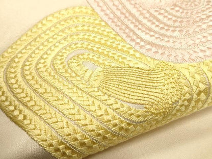 平和屋着物▼中国三大刺繍　相良刺繍　太鼓柄袋帯　総刺繍　紐文　金糸　正絹　逸品　CABC3446ak