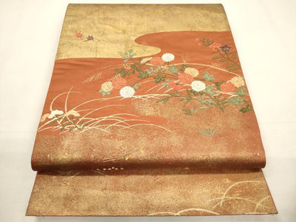 平和屋着物▼太鼓柄袋帯　駒刺繍　草花文　金彩　正絹　逸品　CABC3449ak