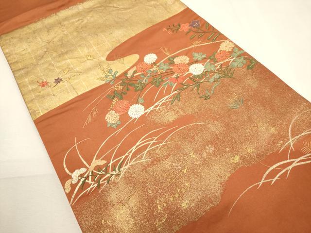 平和屋着物▼太鼓柄袋帯　駒刺繍　草花文　金彩　正絹　逸品　CABC3449ak
