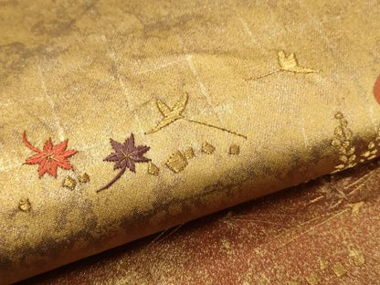 平和屋着物▼太鼓柄袋帯　駒刺繍　草花文　金彩　正絹　逸品　CABC3449ak