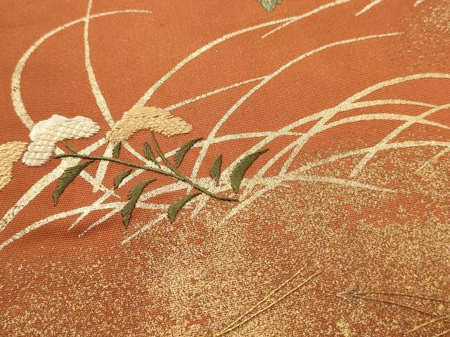 平和屋着物▼太鼓柄袋帯　駒刺繍　草花文　金彩　正絹　逸品　CABC3449ak