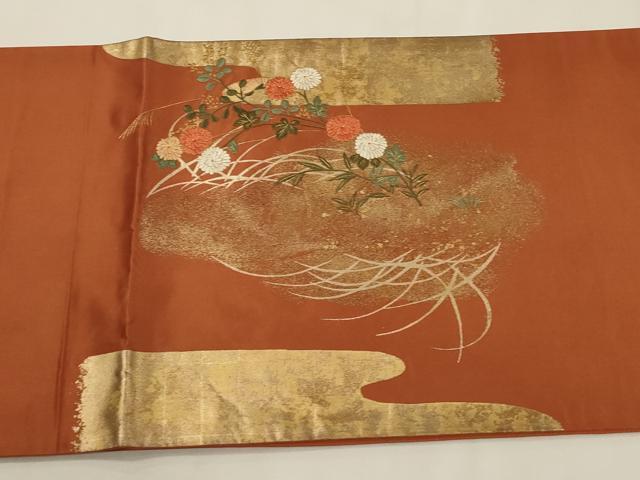 平和屋着物▼太鼓柄袋帯　駒刺繍　草花文　金彩　正絹　逸品　CABC3449ak