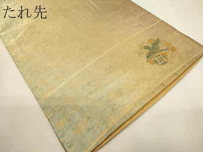 平和屋着物▼全通柄袋帯　ワンポイント　花鳥文　金彩　引箔　正絹　逸品　CABC3451ak