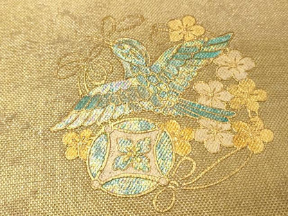 平和屋着物▼全通柄袋帯　ワンポイント　花鳥文　金彩　引箔　正絹　逸品　CABC3451ak