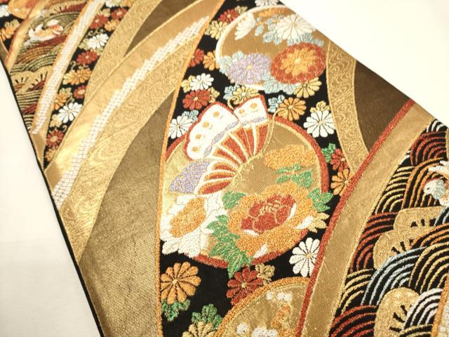 平和屋着物▼六通柄袋帯 唐織 吉祥花鳥丸文 黒地 金糸 正絹 逸品 CABC3472ak