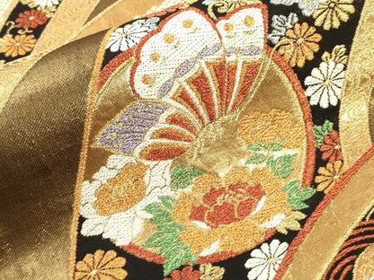 平和屋着物▼六通柄袋帯 唐織 吉祥花鳥丸文 黒地 金糸 正絹 逸品 CABC3472ak