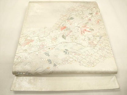 平和屋着物▼中国三大刺繍　相良刺繍　太鼓柄袋帯　総刺繍　切嵌花文　銀糸　引箔　正絹　逸品　CABC3489ak