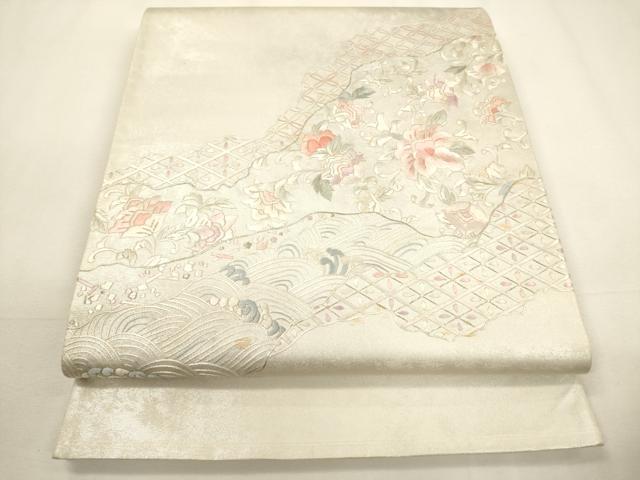 平和屋着物▼中国三大刺繍　相良刺繍　太鼓柄袋帯　総刺繍　切嵌花文　銀糸　引箔　正絹　逸品　CABC3489ak