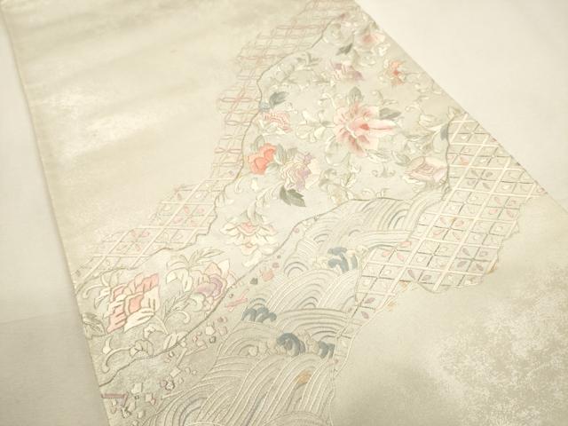 平和屋着物▼中国三大刺繍　相良刺繍　太鼓柄袋帯　総刺繍　切嵌花文　銀糸　引箔　正絹　逸品　CABC3489ak